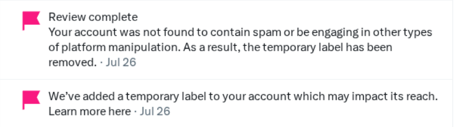 X notifications showing an account reach label and a later review that removed the label.