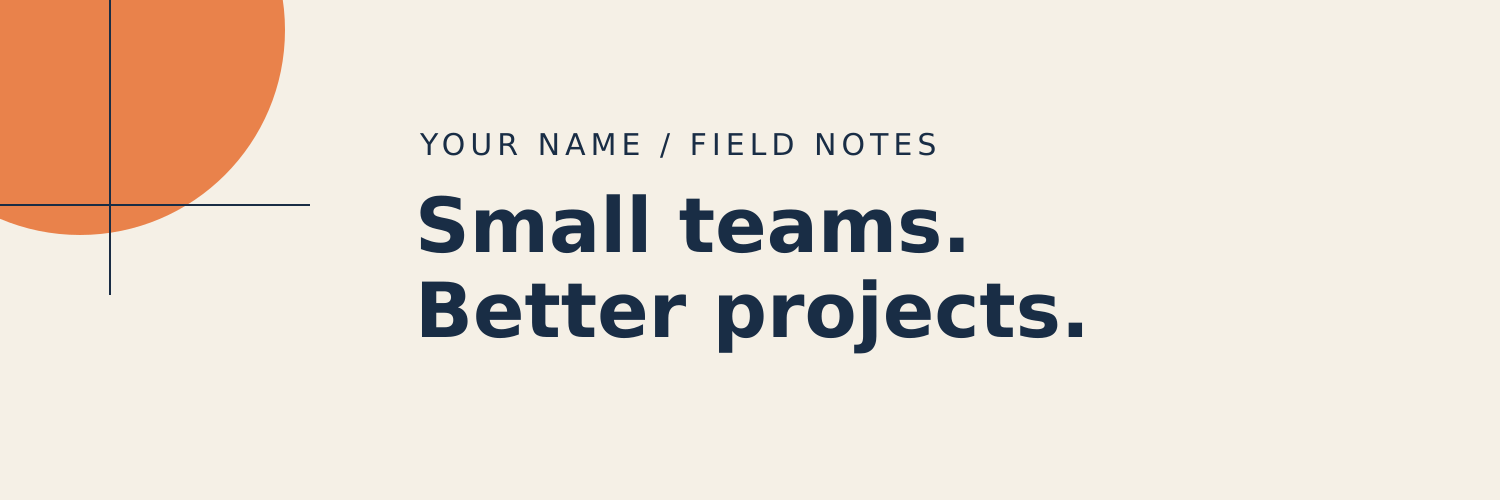 Cream Twitter header template with navy text reading Small teams. Better projects. and an orange geometric accent